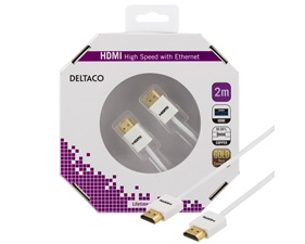 Tunn HDMI kabel 2m, HDMI High Speed with Ethernet, vit