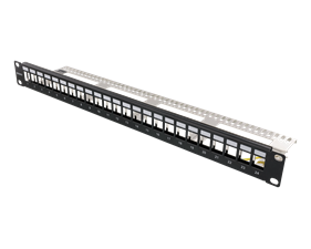 DELTACO 19" Keystone patch panel, 24 ports, 1U, ground cable, metal, black.